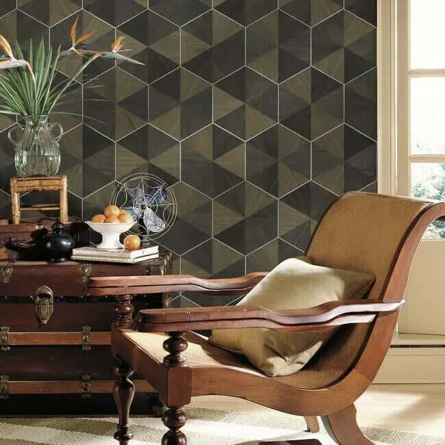 Ronald Redding Hexagram Wood Veneer - Brown & Black Wallpaper | Buy Online Ronald Redding Hexagram Wood Veneer wallpaper, color Brown & Black, SKU HO2103