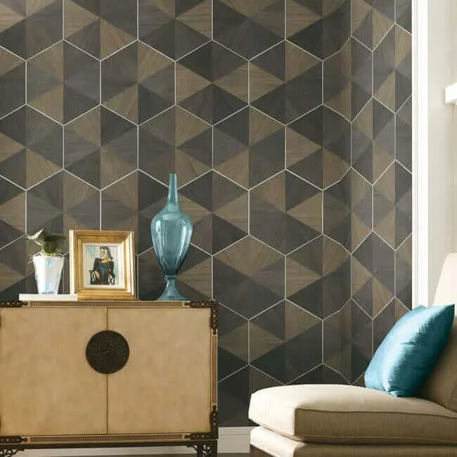 Ronald Redding Hexagram Wood Veneer - Brown & Black Wallpaper | Buy Online Ronald Redding Hexagram Wood Veneer wallpaper, color Brown & Black, SKU HO2103