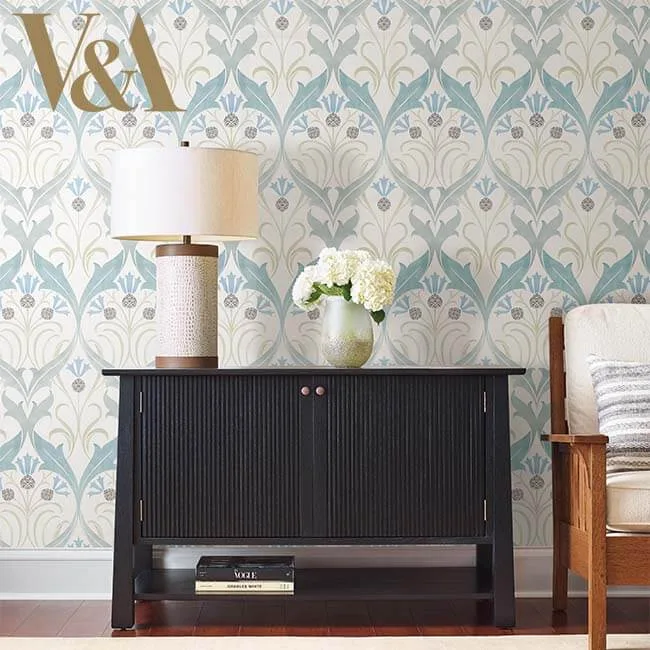 Ronald Redding Pine Cone Ribbon - Teal Wallpaper | Buy Online Ronald Redding Pine Cone Ribbon wallpaper, color Teal, SKU AC9171