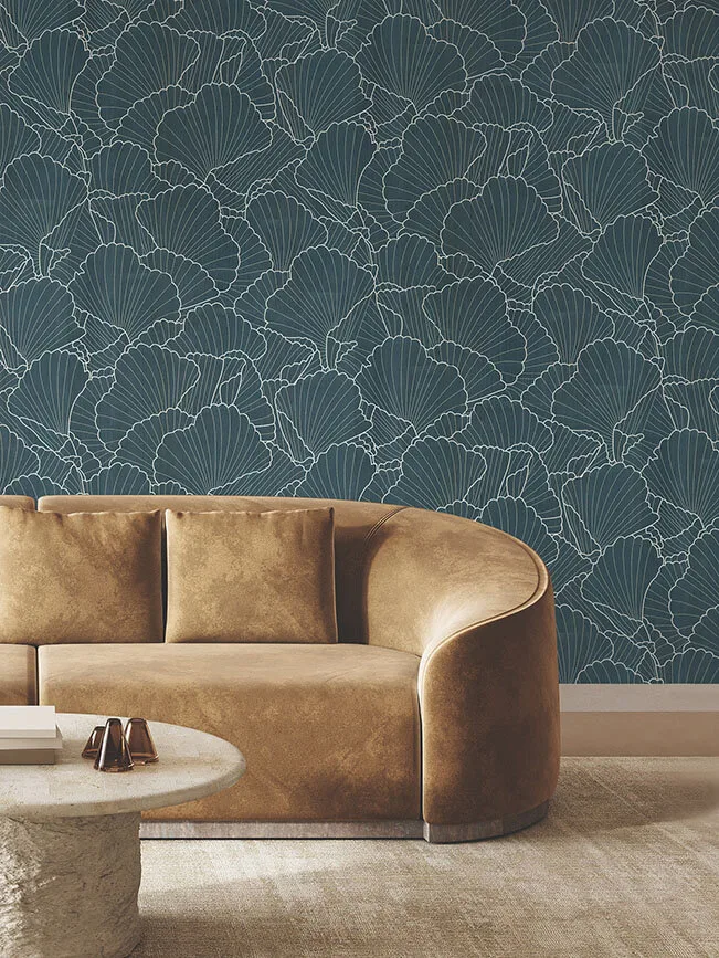 Ronald Redding Shell Wood Veneer wallpaper, color Navy Metallic, SKU YGL7000