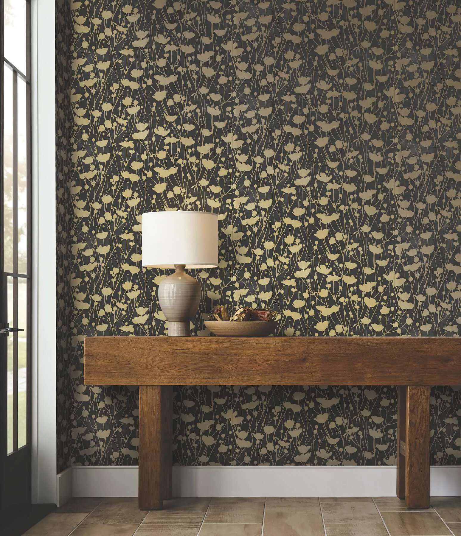 Ronald Redding Shimmering Poppies wallpaper, color Black & Gold, SKU ZA8066