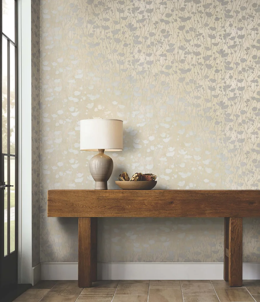 Ronald Redding Shimmering Poppies wallpaper, color Cream & Silver, SKU ZA8067