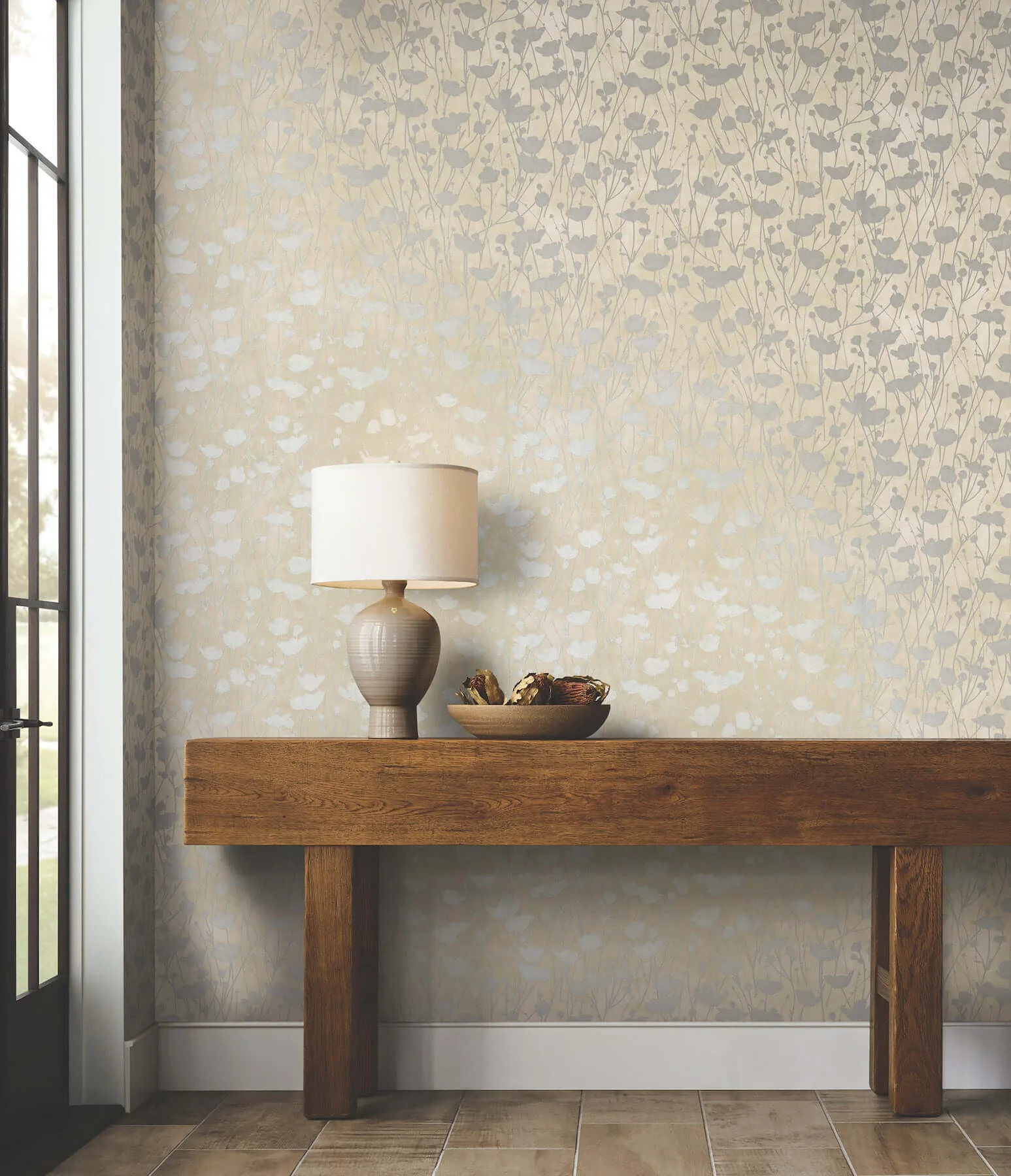 Ronald Redding Shimmering Poppies wallpaper, color Cream & Silver, SKU ZA8067