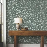 Ronald Redding Shimmering Poppies wallpaper, color Green & Silver, SKU ZA8068