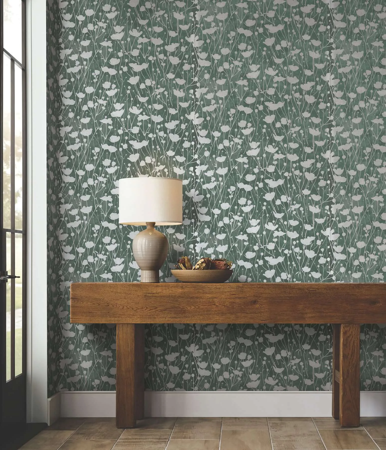 Ronald Redding Shimmering Poppies wallpaper, color Green & Silver, SKU ZA8068