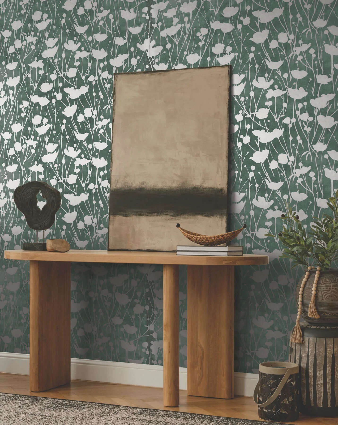 Ronald Redding Shimmering Poppies wallpaper, color Green & Silver, SKU ZA8068