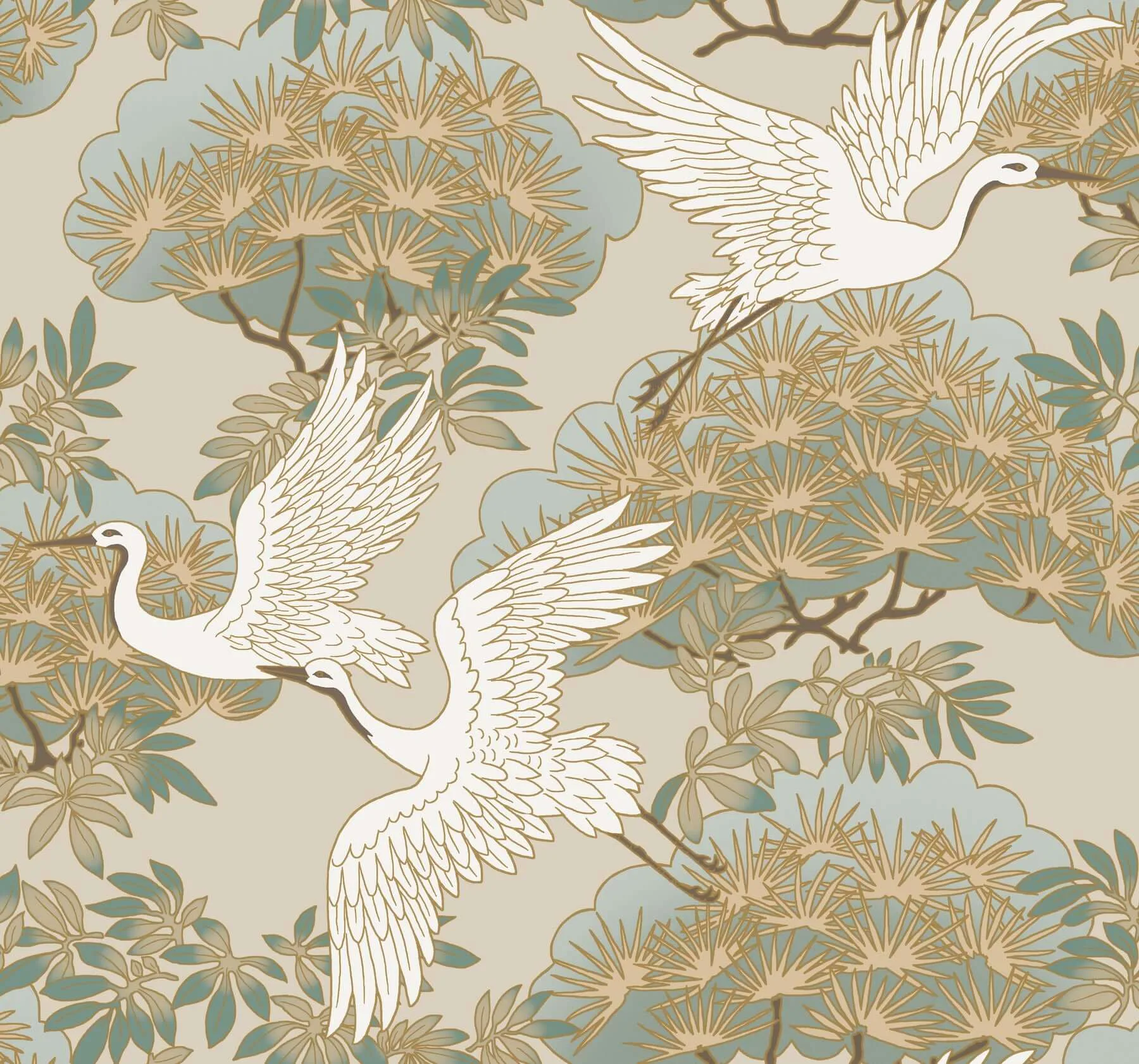 Ronald Redding Sprig & Heron wallpaper, color Beige, SKU ZA8009