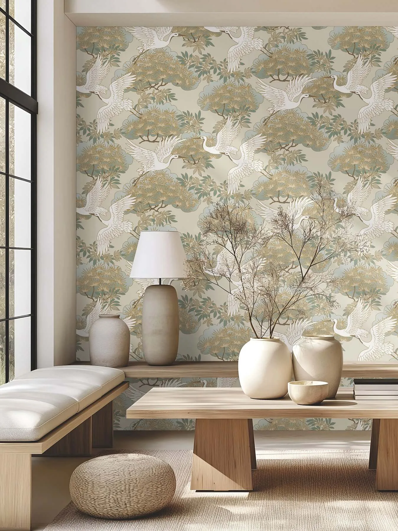 Ronald Redding Sprig & Heron wallpaper, color Beige, SKU ZA8009