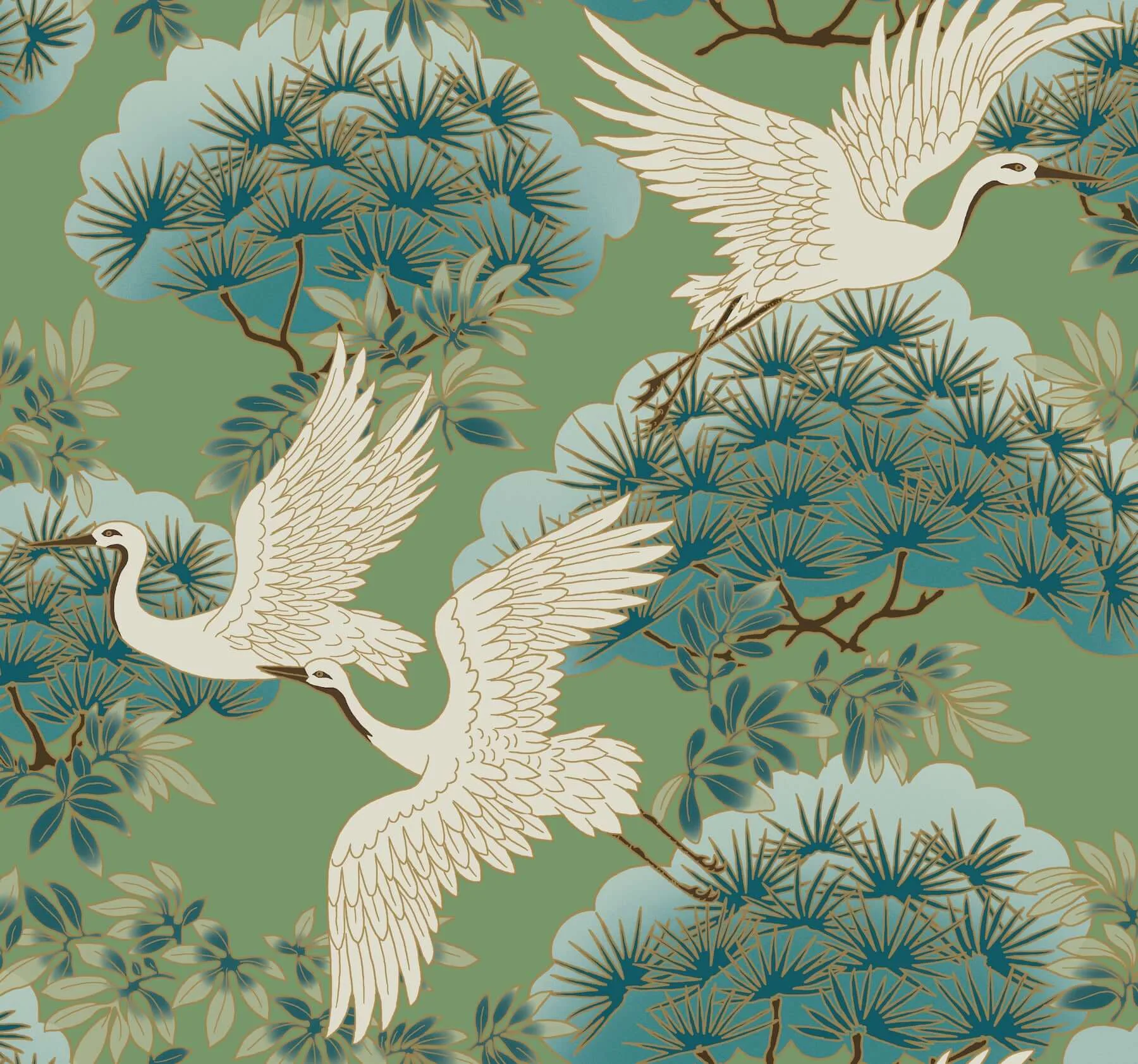 Ronald Redding Sprig & Heron wallpaper, color Green, SKU ZA8008