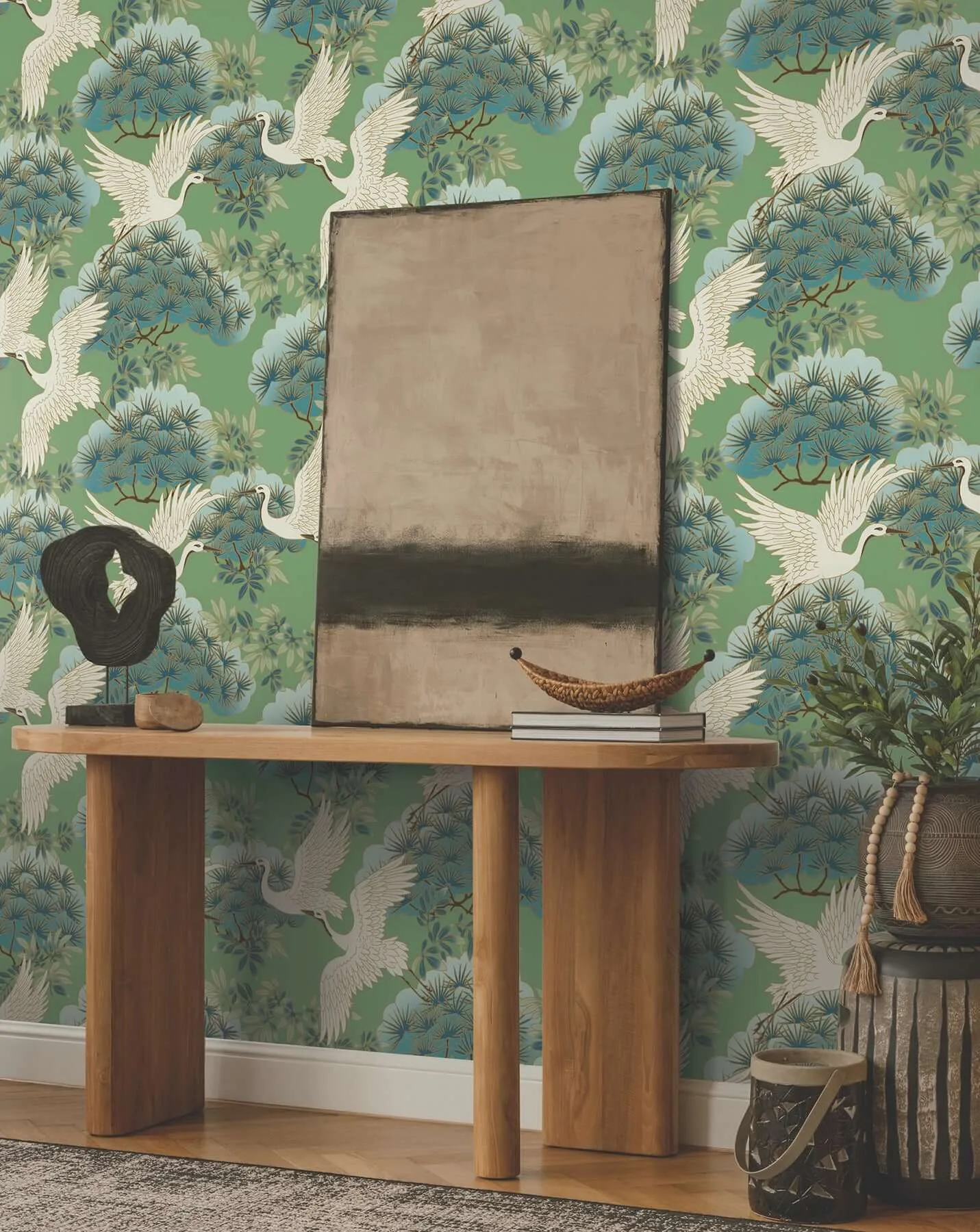 Ronald Redding Sprig & Heron - Green Wallpaper | Buy Online Ronald Redding Sprig & Heron wallpaper, color Green, SKU ZA8008
