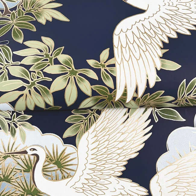 Ronald Redding Sprig & Heron - Navy Wallpaper | Buy Online Ronald Redding Sprig & Heron wallpaper, color Navy, SKU ZA8007