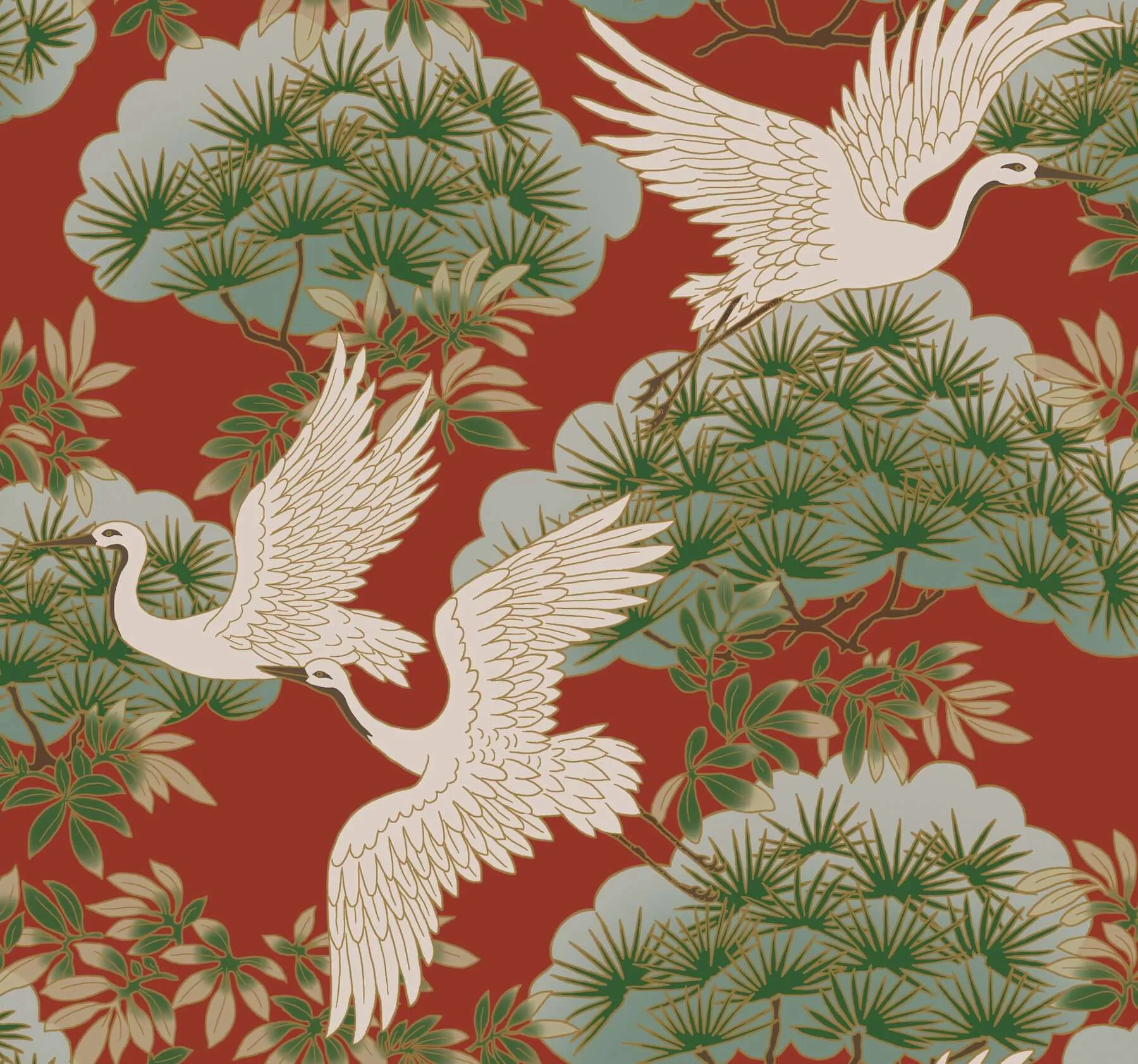 Ronald Redding Sprig & Heron wallpaper, color Red, SKU ZA8006