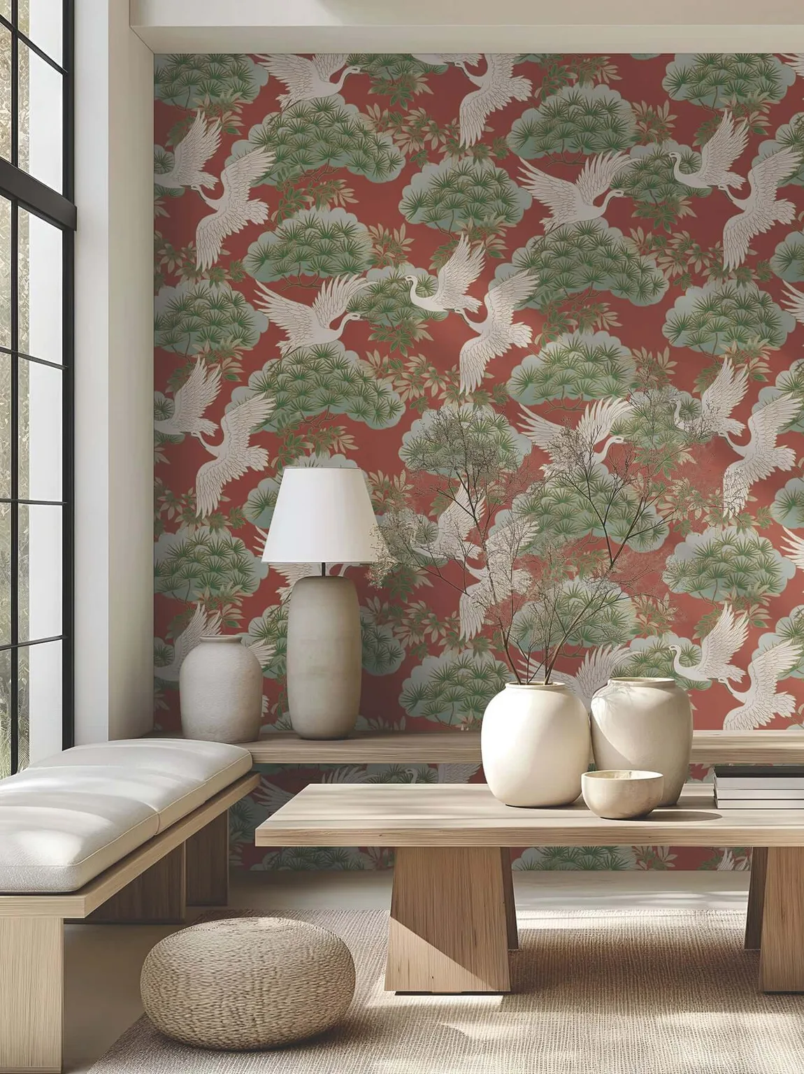 Ronald Redding Sprig & Heron wallpaper, color Red, SKU ZA8006