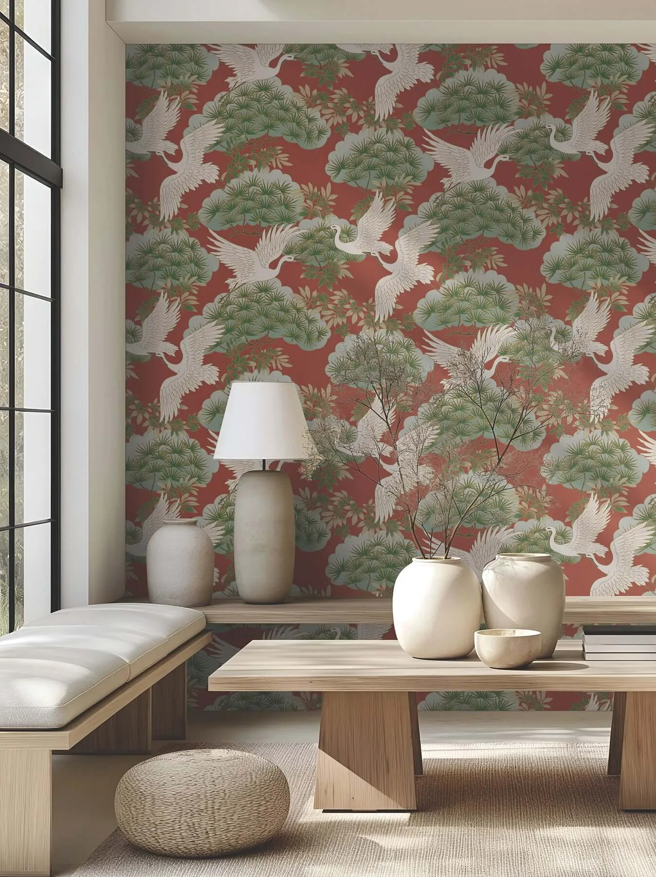 Ronald Redding Sprig & Heron wallpaper, color Red, SKU ZA8006
