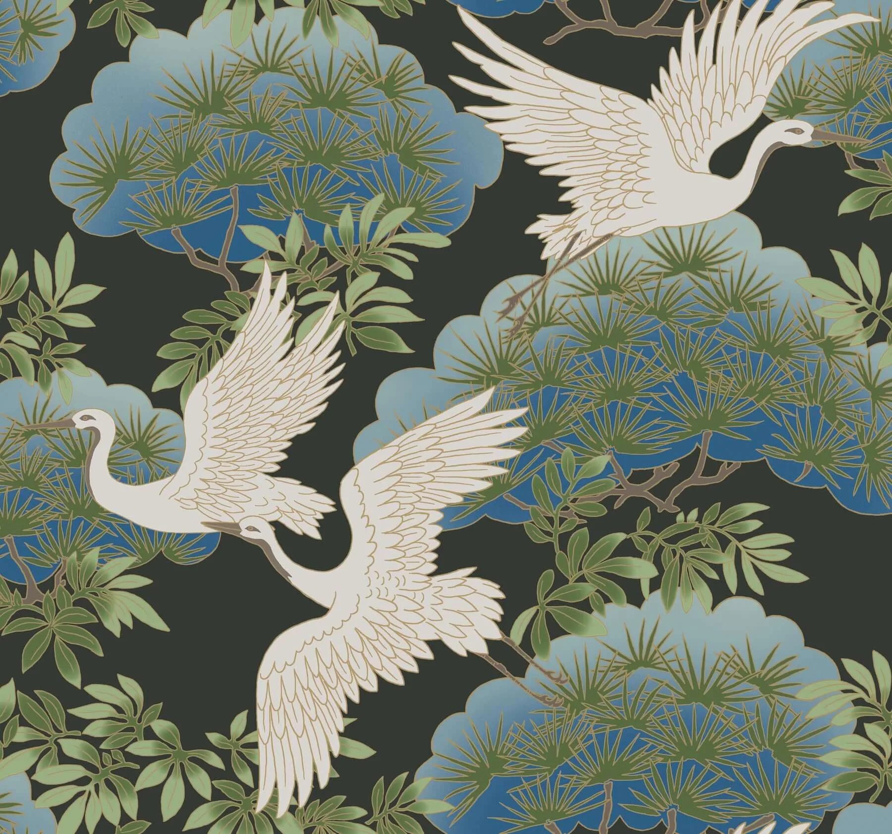 Ronald Redding Sprig & Heron wallpaper, color Black, SKU AF6593