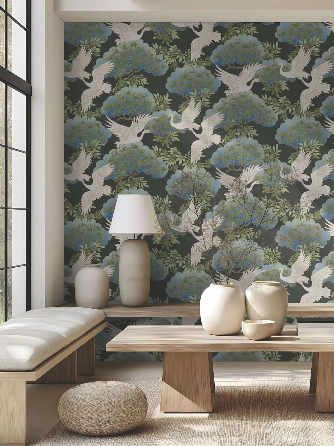 Ronald Redding Sprig & Heron wallpaper, color Black, SKU AF6593