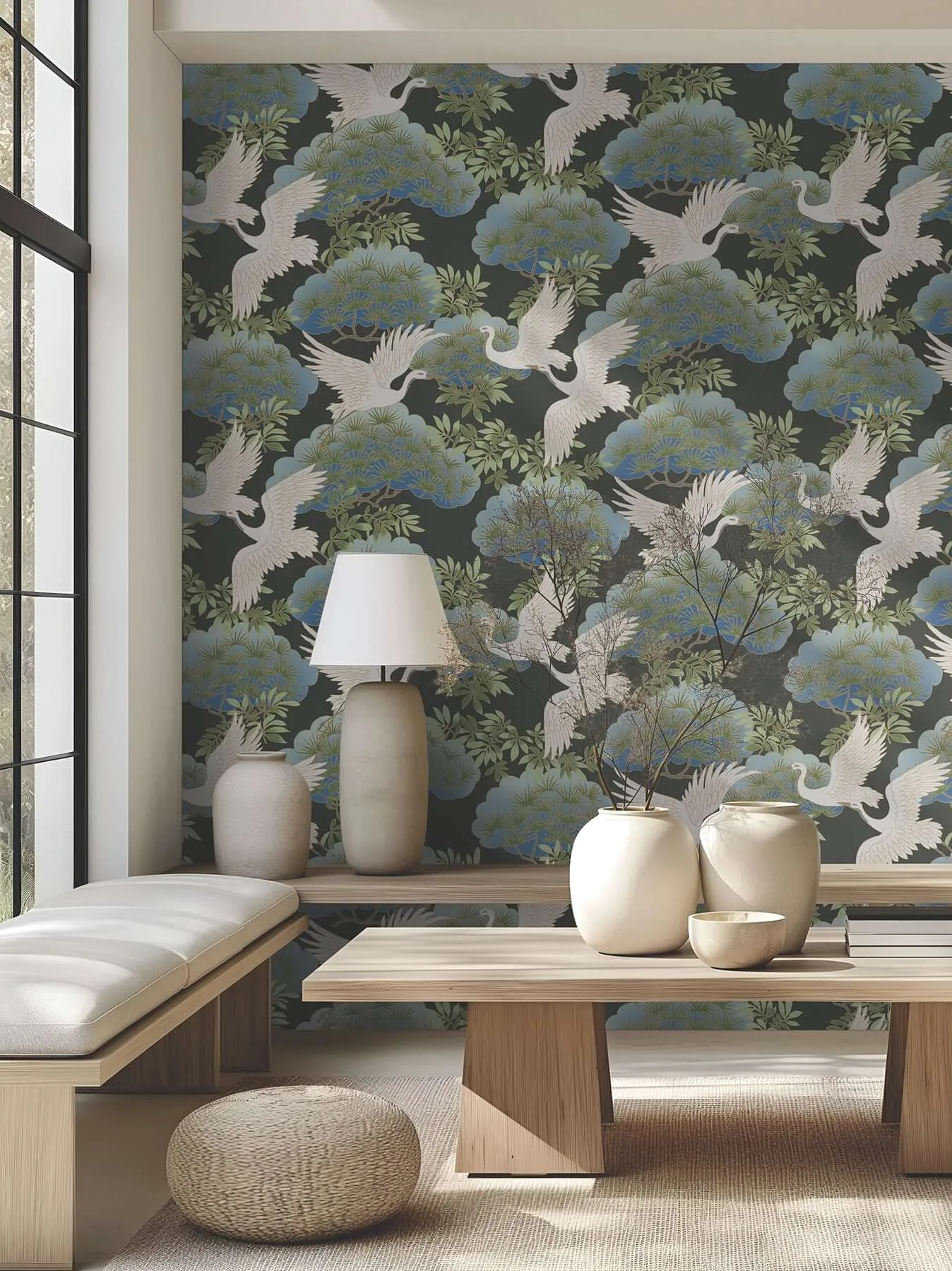 Ronald Redding Sprig & Heron wallpaper, color Black, SKU AF6593