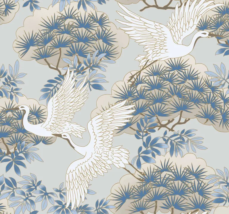 Ronald Redding Sprig & Heron wallpaper, color Light Blue, SKU AF6591