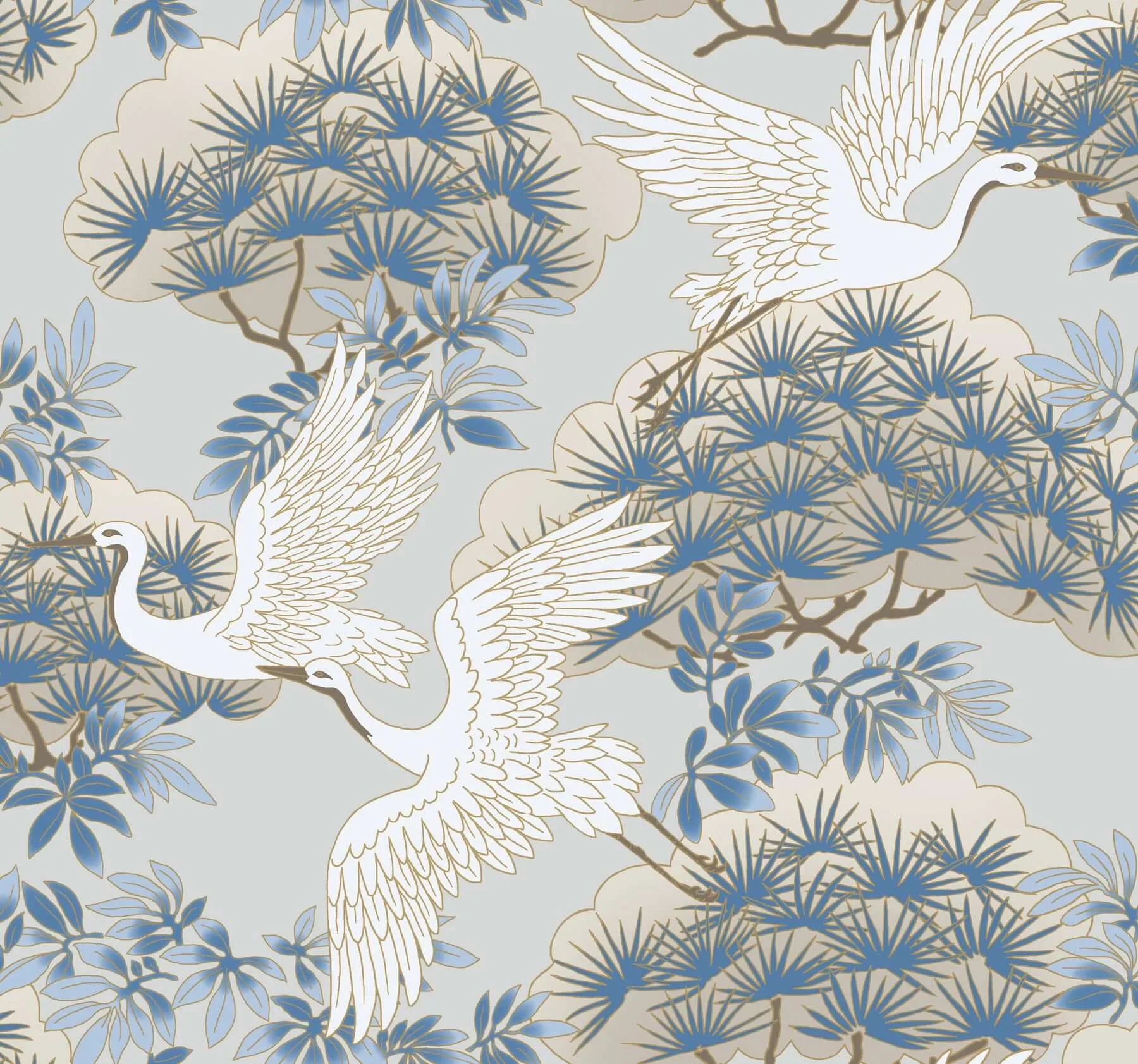 Ronald Redding Sprig & Heron wallpaper, color Light Blue, SKU AF6591