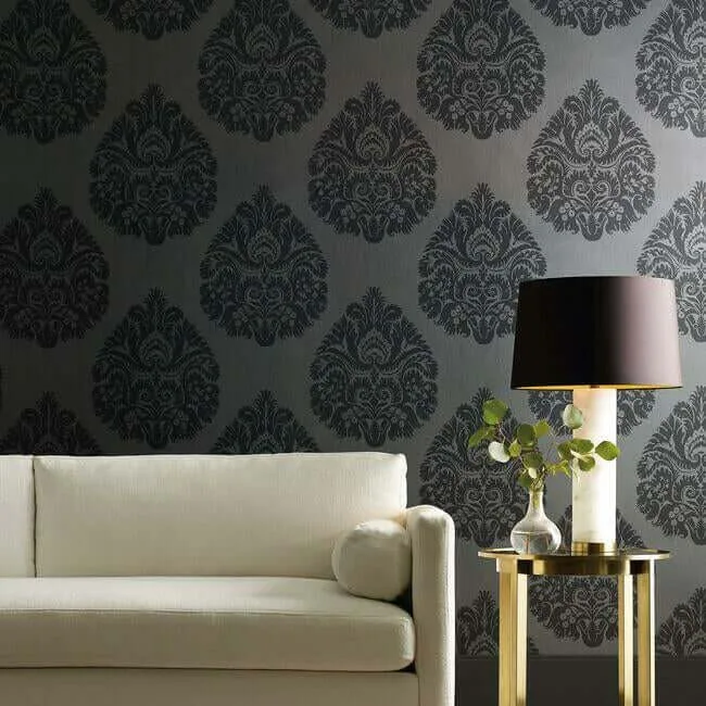 Ronald Redding Teardrop Damask wallpaper, color Black, SKU KT2144