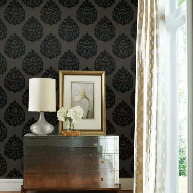 Ronald Redding Teardrop Damask - Black Wallpaper | Buy Online Ronald Redding Teardrop Damask wallpaper, color Black, SKU KT2144