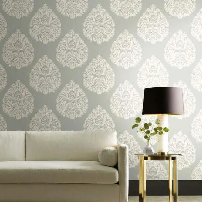 Ronald Redding Teardrop Damask wallpaper, color Light Grey, SKU KT2145
