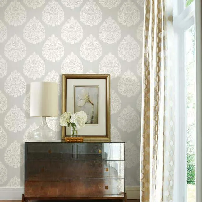 Ronald Redding Teardrop Damask - Light Grey Wallpaper | Buy Online Ronald Redding Teardrop Damask wallpaper, color Light Grey, SKU KT2145