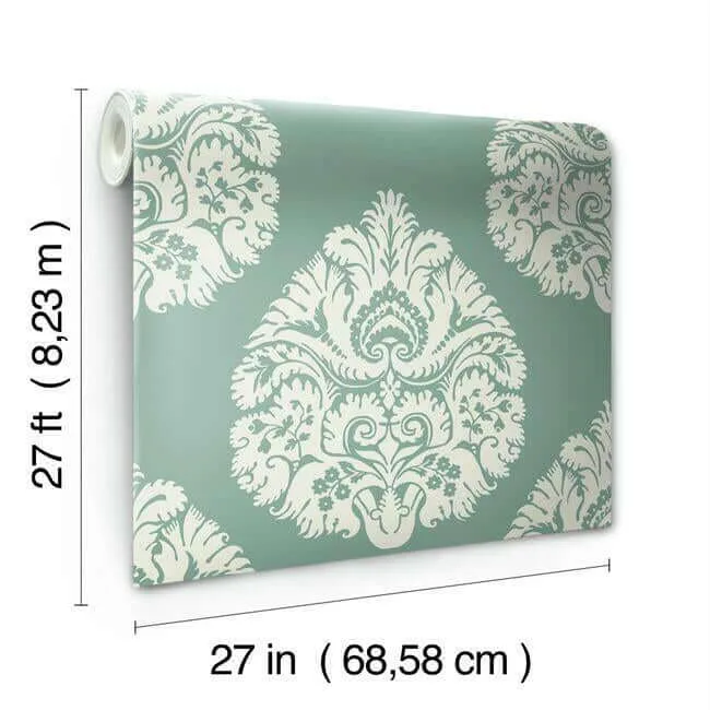 Ronald Redding Teardrop Damask - Teal Wallpaper | Buy Online Ronald Redding Teardrop Damask wallpaper, color Teal, SKU KT2146
