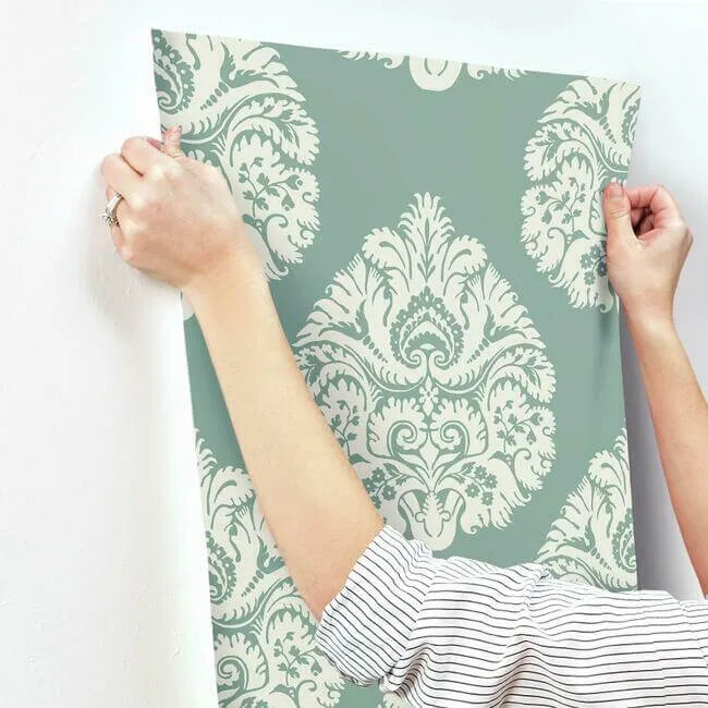 Ronald Redding Teardrop Damask - Teal Wallpaper | Buy Online Ronald Redding Teardrop Damask wallpaper, color Teal, SKU KT2146