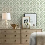 York Wallcoverings Adirondack Damask wallpaper, color Green & White, SKU DM4921