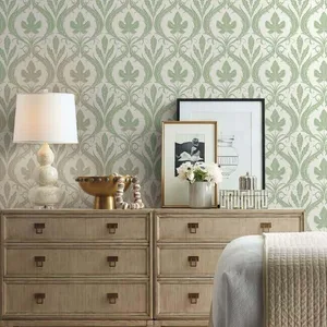 York Wallcoverings Adirondack Damask wallpaper, color Green & White, SKU DM4921