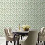 York Wallcoverings Adirondack Damask wallpaper, color Green & White, SKU DM4921