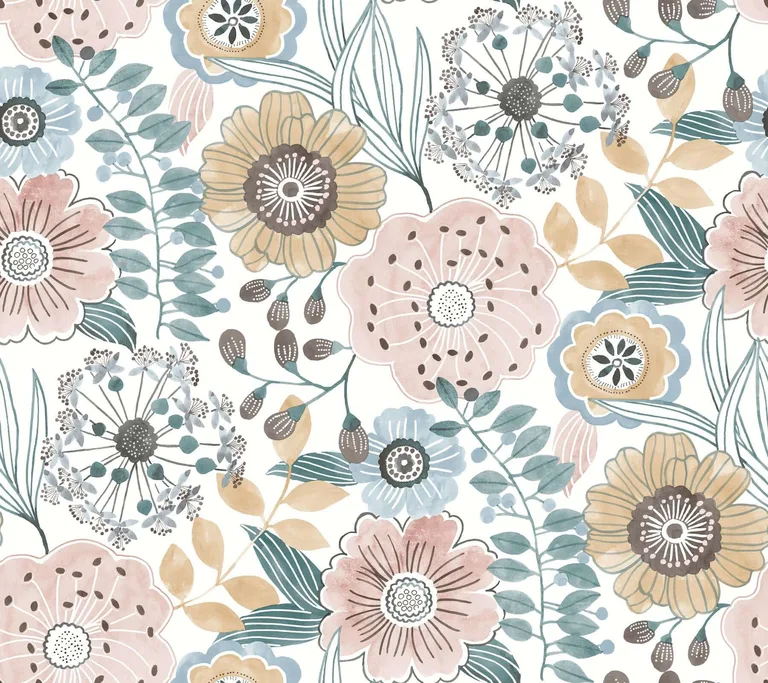 York Wallcoverings Artistic Bouquet wallpaper, color Ochre & Ocean, SKU ZM2891