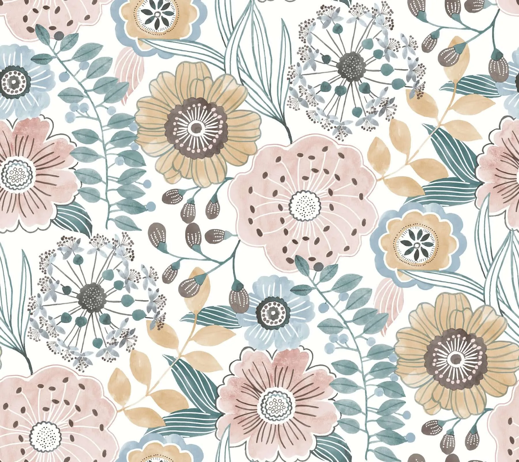 York Wallcoverings Artistic Bouquet wallpaper, color Ochre & Ocean, SKU ZM2891