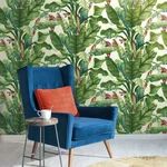 York Wallcoverings Banana Leaf - Aqua & Red Wallpaper | Buy Online York Wallcoverings Banana Leaf wallpaper, color Aqua & Red, SKU AT7068