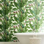 York Wallcoverings Banana Leaf - Aqua & Red Wallpaper | Buy Online York Wallcoverings Banana Leaf wallpaper, color Aqua & Red, SKU AT7068