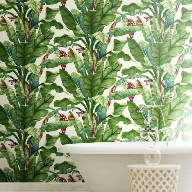 York Wallcoverings Banana Leaf - Aqua & Red Wallpaper | Buy Online York Wallcoverings Banana Leaf wallpaper, color Aqua & Red, SKU AT7068