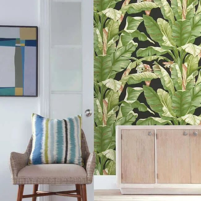 York Wallcoverings Banana Leaf wallpaper, color Black & Green, SKU PSW1035RL