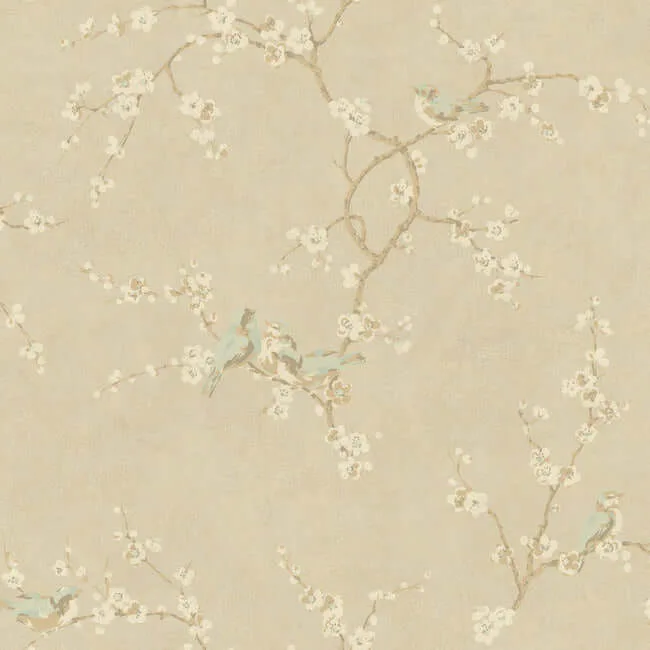 York Wallcoverings Birds with Blossoms wallpaper, color Metallic, SKU HP0325