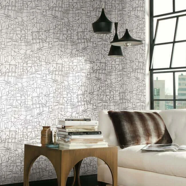 York Wallcoverings Cubist Cityscape wallpaper, color Black, SKU PSW1047RL