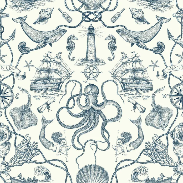 York Wallcoverings Deep Sea Toile wallpaper, color Blue, SKU HO3361