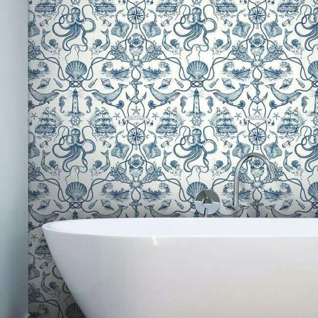 York Wallcoverings Deep Sea Toile wallpaper, color Blue, SKU HO3361