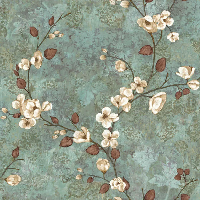 York Wallcoverings Dogwood wallpaper, color Teal & Dark Brown, SKU TB4314