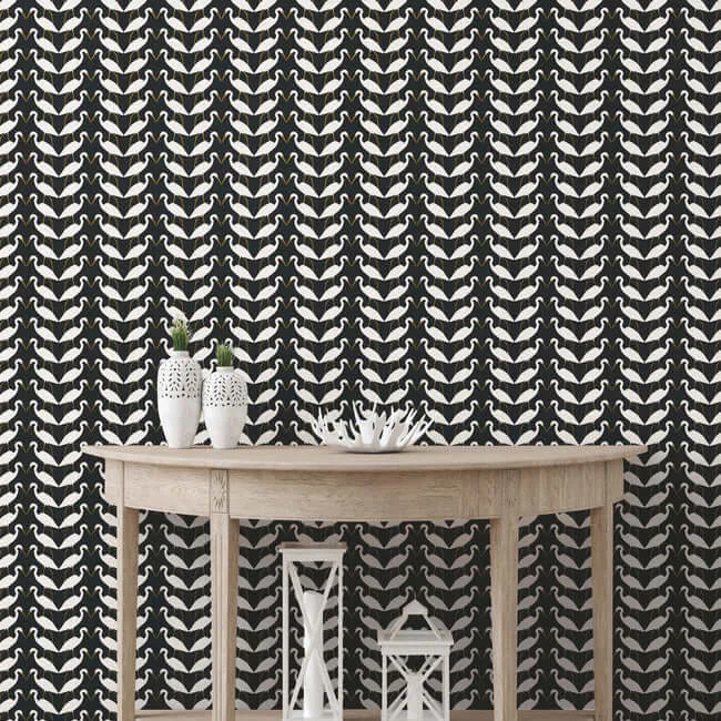 York Wallcoverings Elegant Birds wallpaper, color Black & Gold Metallic, SKU PSW1345RL