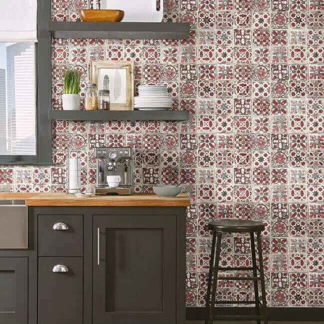 York Wallcoverings Encaustic Tile wallpaper, color Red, SKU PSW1300RL