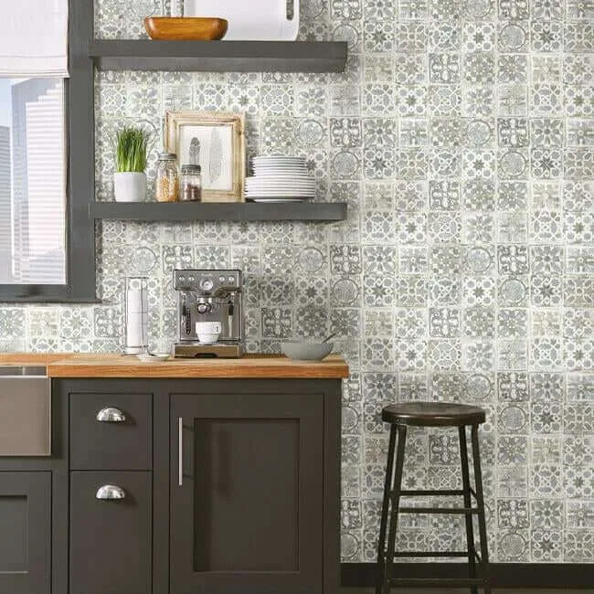 York Wallcoverings Ecaustic Tile - Grey Wallpaper | Buy Online York Wallcoverings Ecaustic Tile wallpaper, color Grey, SKU PSW1301RL