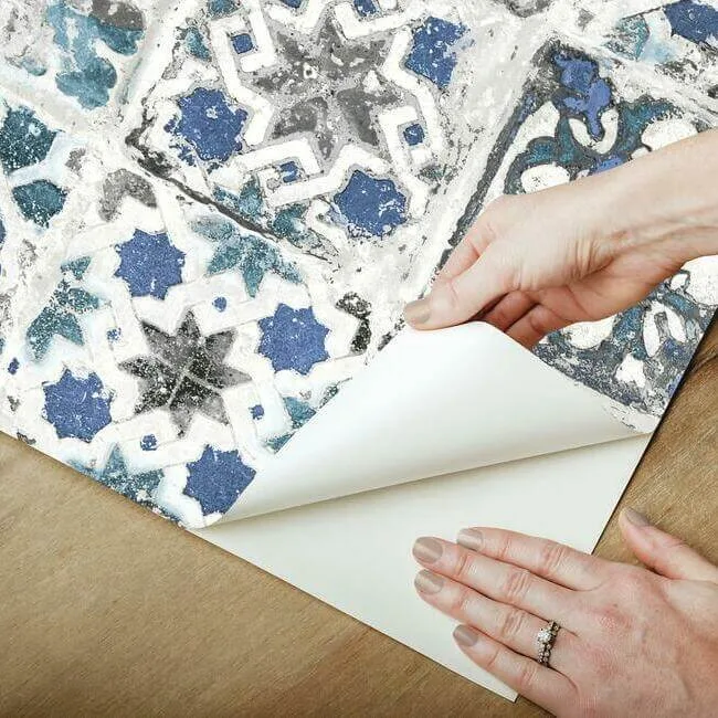 York Wallcoverings Encaustic Tile wallpaper, color Blue, SKU PSW1302RL
