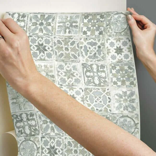 York Wallcoverings Encaustic Tile wallpaper, color Blue, SKU PSW1302RL