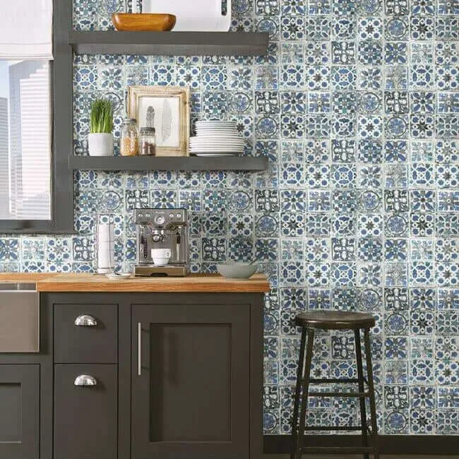 York Wallcoverings Encaustic Tile wallpaper, color Blue, SKU PSW1302RL