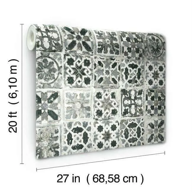 York Wallcoverings Encaustic Tile - Black Wallpaper | Buy Online York Wallcoverings Encaustic Tile wallpaper, color Black, SKU PSW1303RL